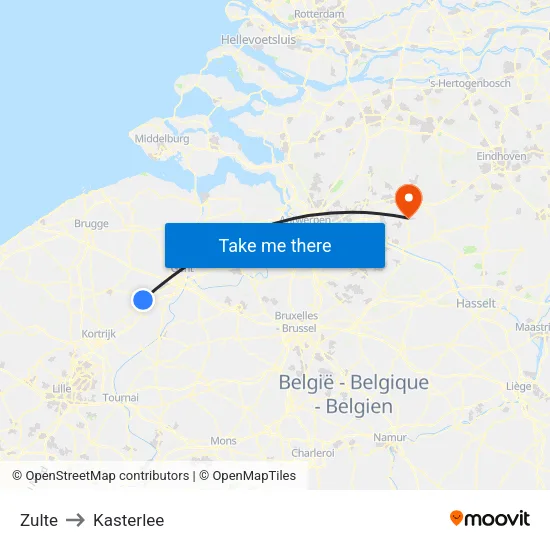Zulte to Kasterlee map