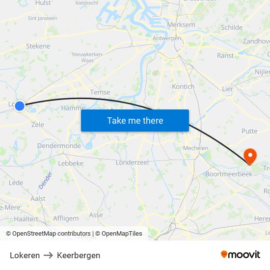 Lokeren to Keerbergen map