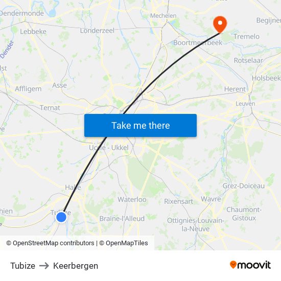 Tubize to Keerbergen map