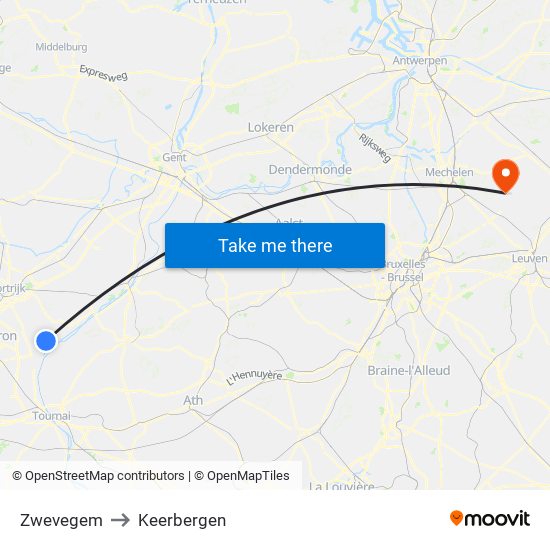Zwevegem to Keerbergen map