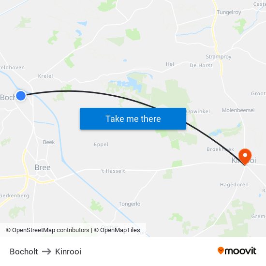 Bocholt to Kinrooi map