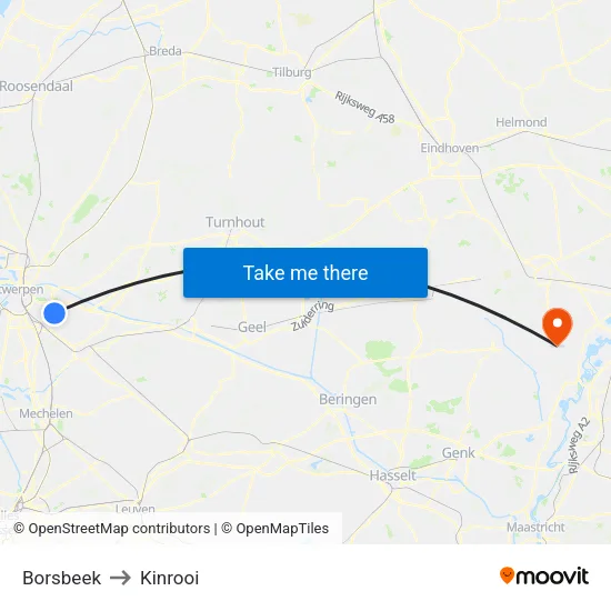 Borsbeek to Kinrooi map