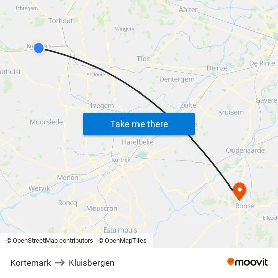 Kortemark to Kluisbergen map