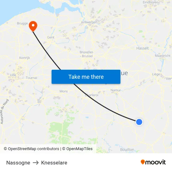 Nassogne to Knesselare map