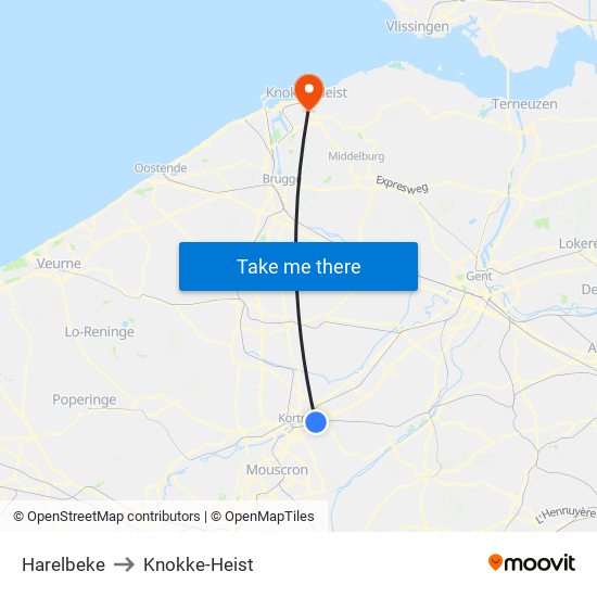 Harelbeke to Knokke-Heist map