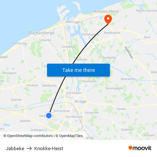 Jabbeke to Knokke-Heist map