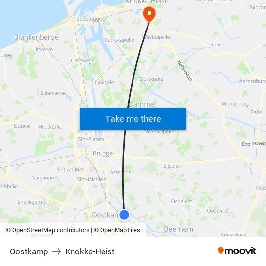 Oostkamp to Knokke-Heist map