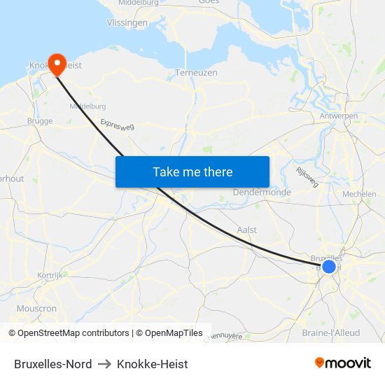 Bruxelles-Nord to Knokke-Heist map