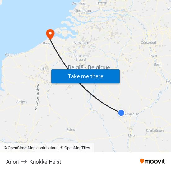 Arlon to Knokke-Heist map