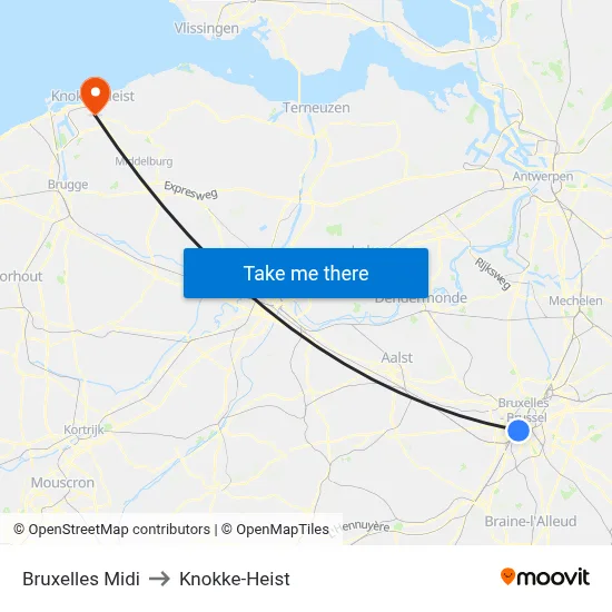 Bruxelles Midi to Knokke-Heist map