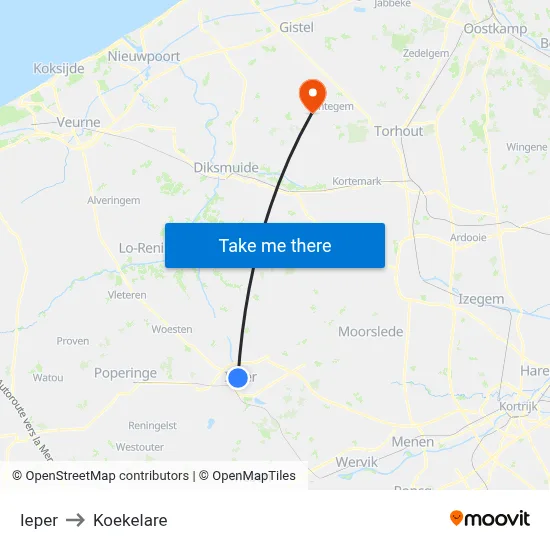 Ieper to Koekelare map