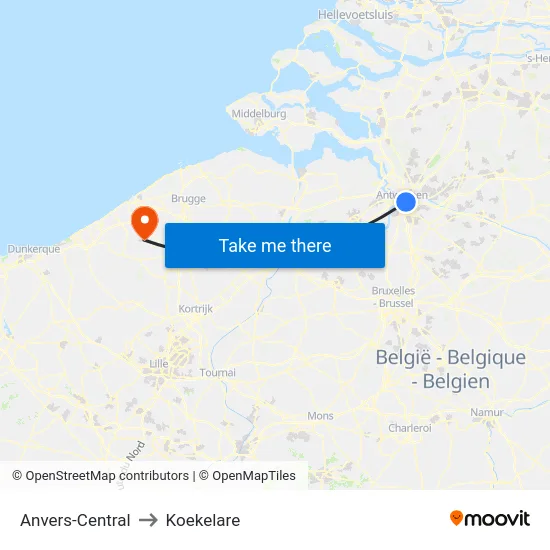Anvers-Central to Koekelare map