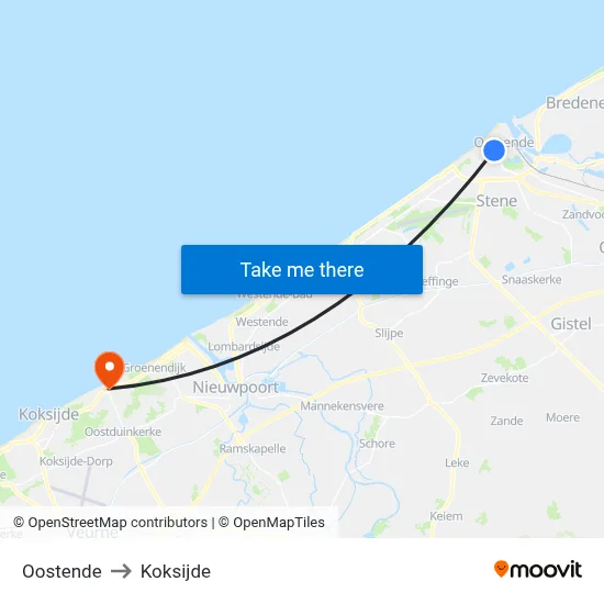 Oostende to Koksijde map
