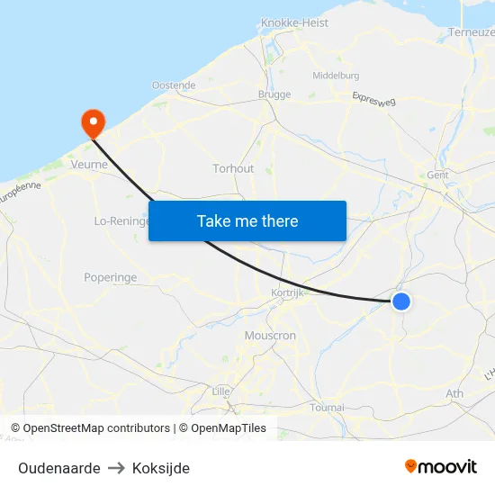 Oudenaarde to Koksijde map