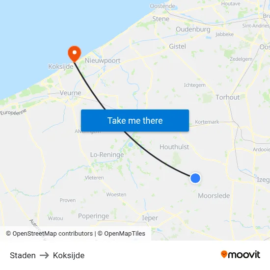 Staden to Koksijde map