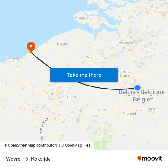 Wavre to Koksijde map