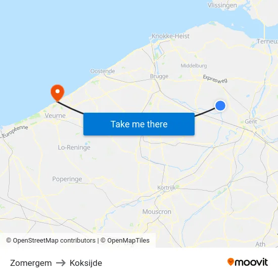Zomergem to Koksijde map