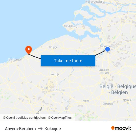 Anvers-Berchem to Koksijde map