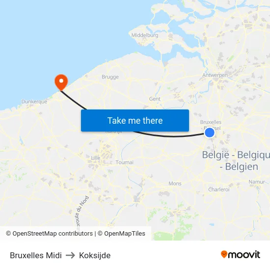 Bruxelles Midi to Koksijde map
