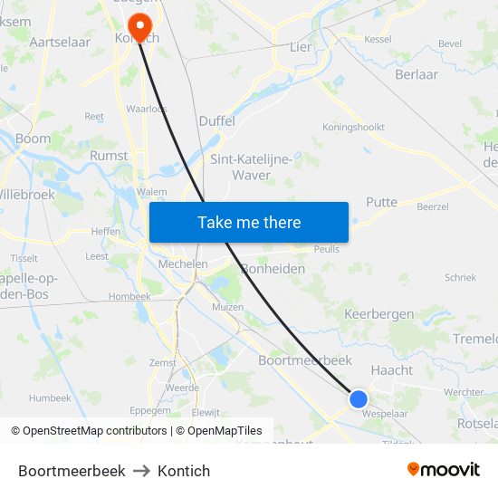 Boortmeerbeek to Kontich map