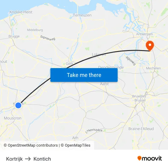 Kortrijk to Kontich map