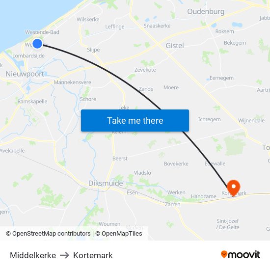 Middelkerke to Kortemark map