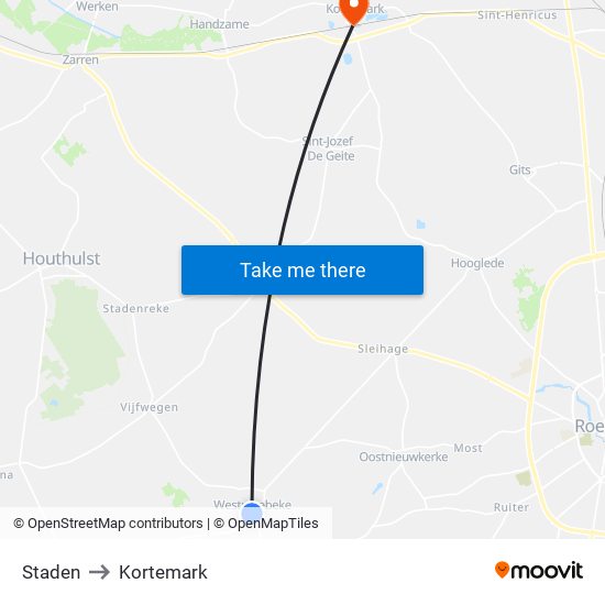 Staden to Kortemark map