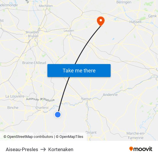 Aiseau-Presles to Kortenaken map