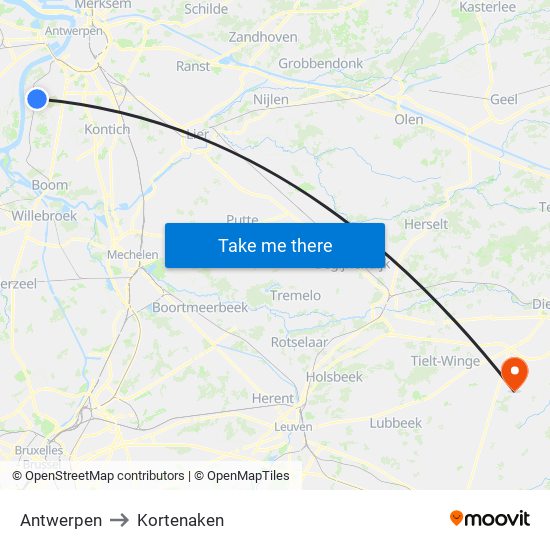 Antwerpen to Kortenaken map