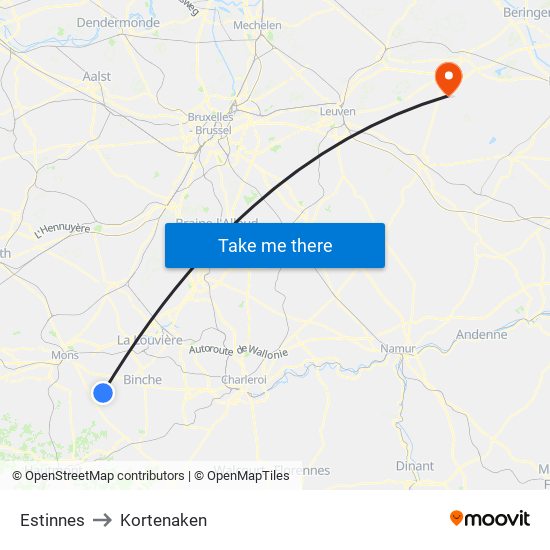 Estinnes to Kortenaken map