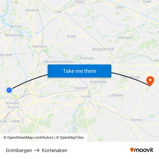 Grimbergen to Kortenaken map