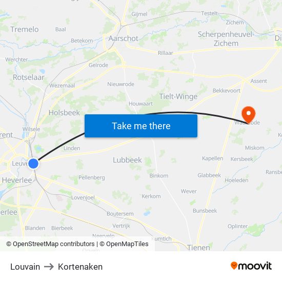 Louvain to Kortenaken map