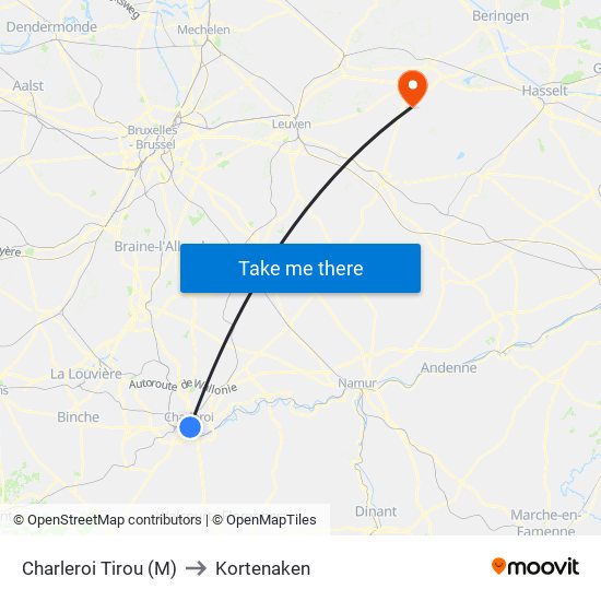 Charleroi Tirou (M) to Kortenaken map