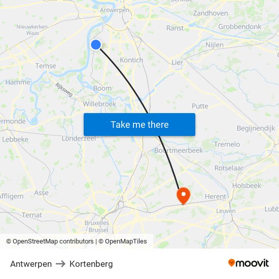 Antwerpen to Kortenberg map