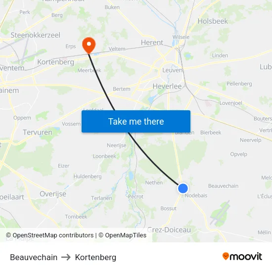 Beauvechain to Kortenberg map