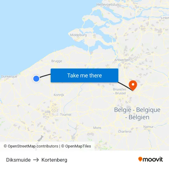 Diksmuide to Kortenberg map