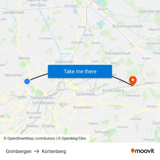 Grimbergen to Kortenberg map