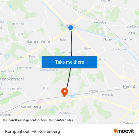 Kampenhout to Kortenberg map