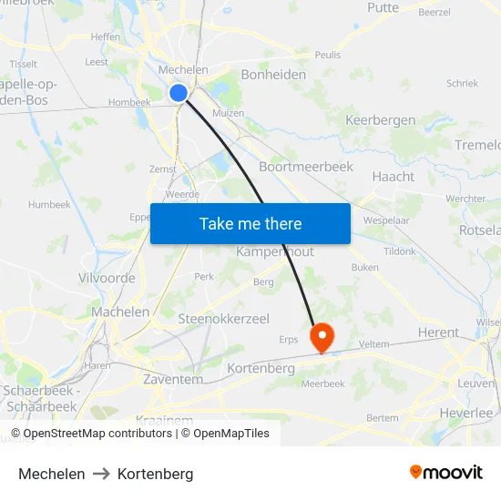 Mechelen to Kortenberg map