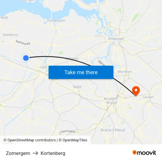 Zomergem to Kortenberg map
