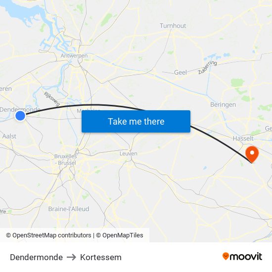 Dendermonde to Kortessem map