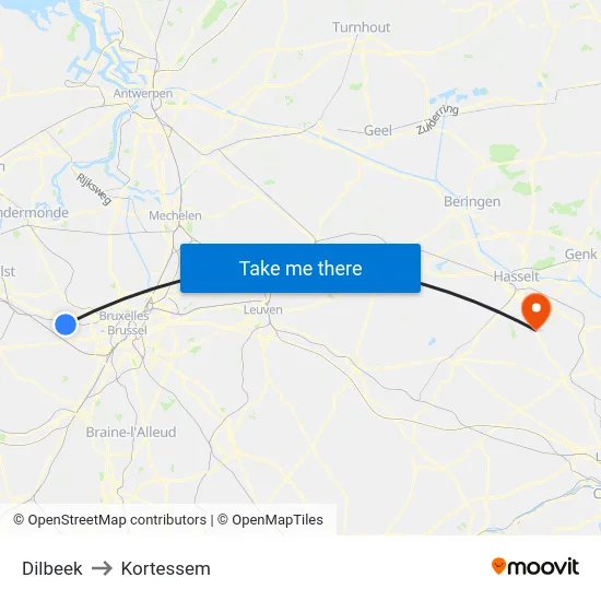 Dilbeek to Kortessem map