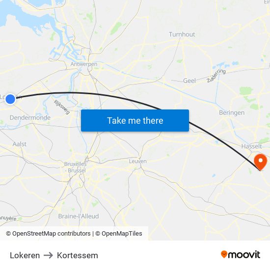 Lokeren to Kortessem map