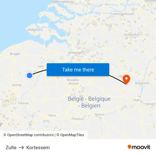 Zulte to Kortessem map
