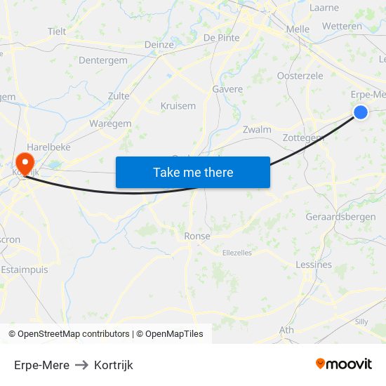 Erpe-Mere to Kortrijk map