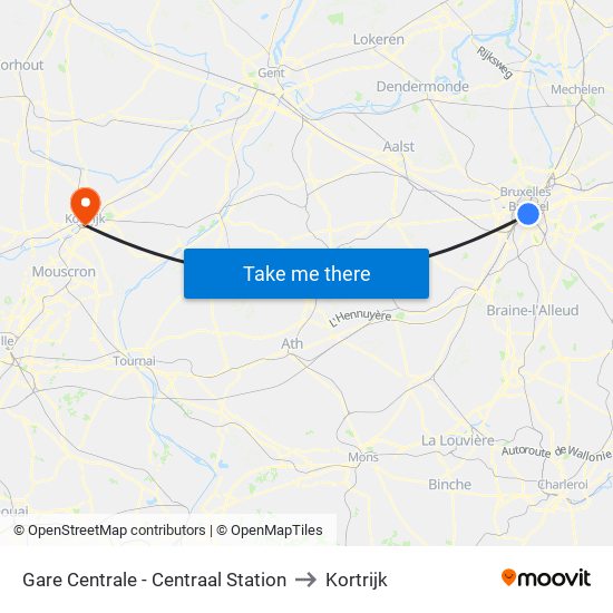 Gare Centrale - Centraal Station to Kortrijk map