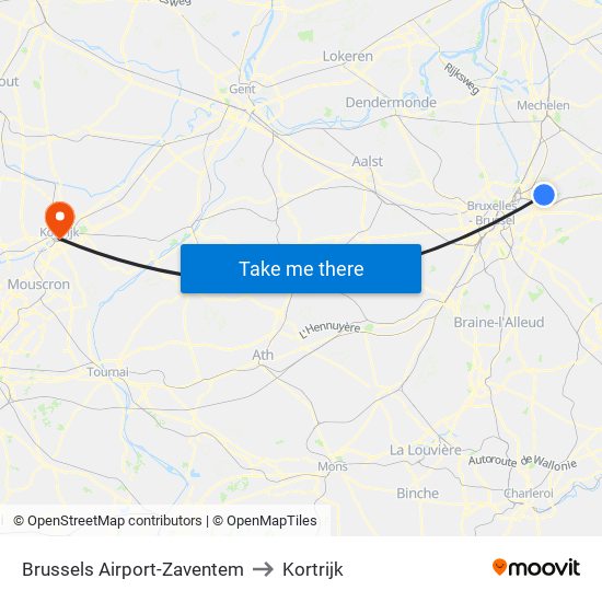 Brussels Airport-Zaventem to Kortrijk map