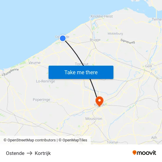 Ostende to Kortrijk map