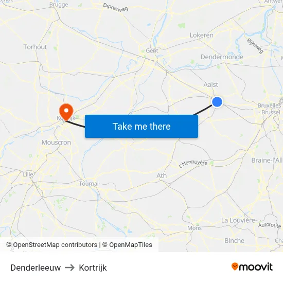 Denderleeuw to Kortrijk map