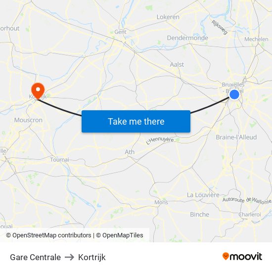 Gare Centrale to Kortrijk map